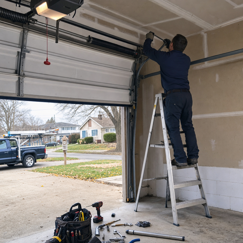 Technician performing emergency garage door spring repair on a ladder in Ravenna, OH