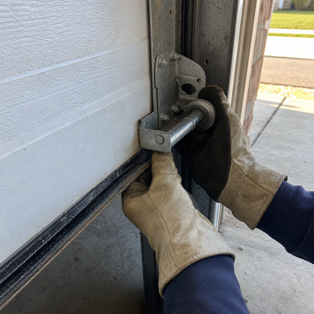 Technician performing emergency garage door repair on residential hardware in Canfield, OH