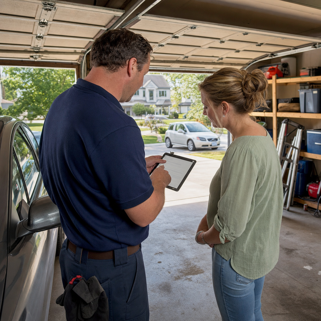 Garage door technician showing service estimate on tablet to homeowner in Youngstown, OH