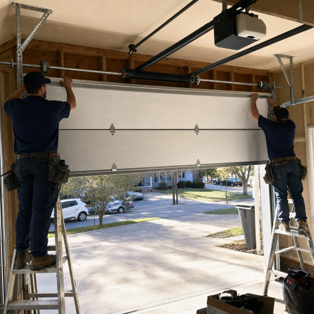 Two professional technicians installing an overhead garage door on ladders.