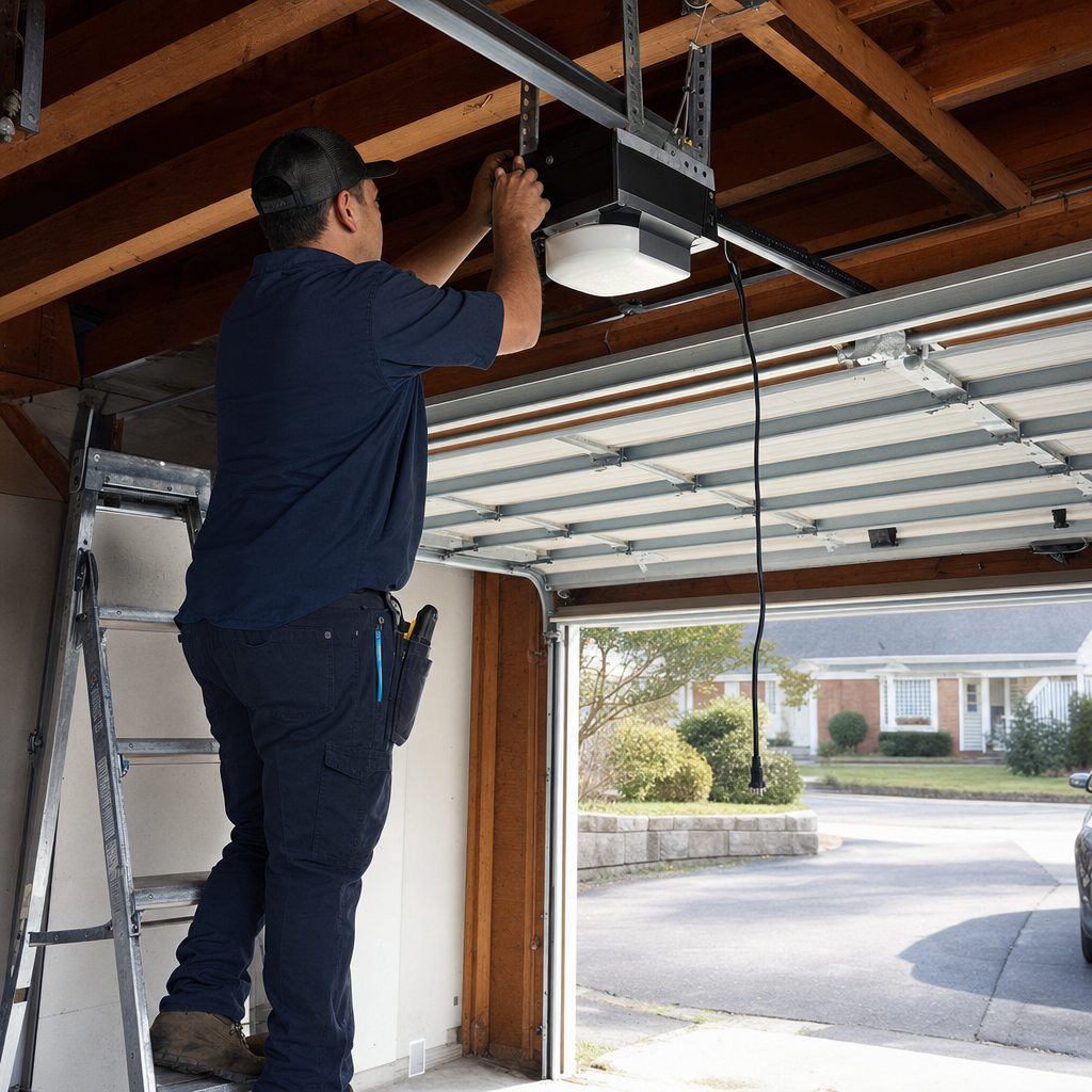 Technician professional installing a garage door opener