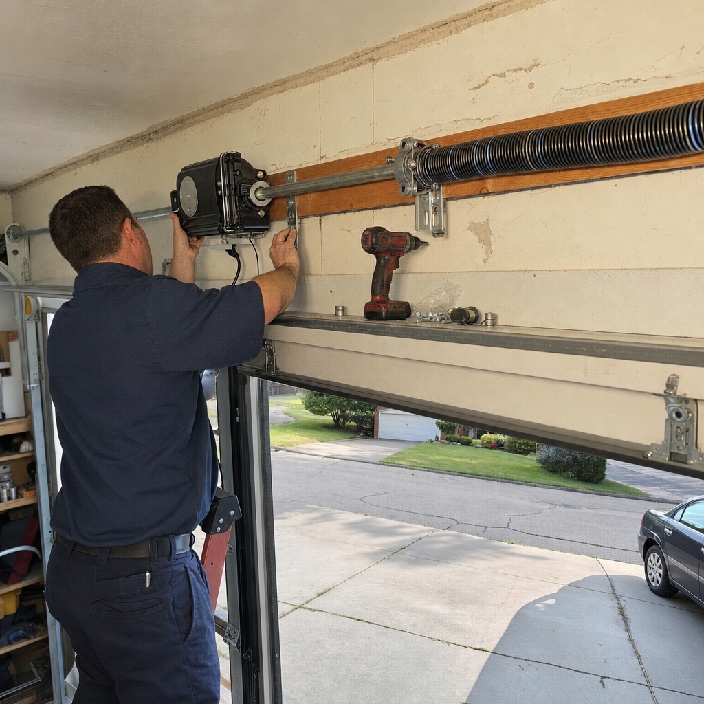 Technician installing a professional wall-mount garage door opener