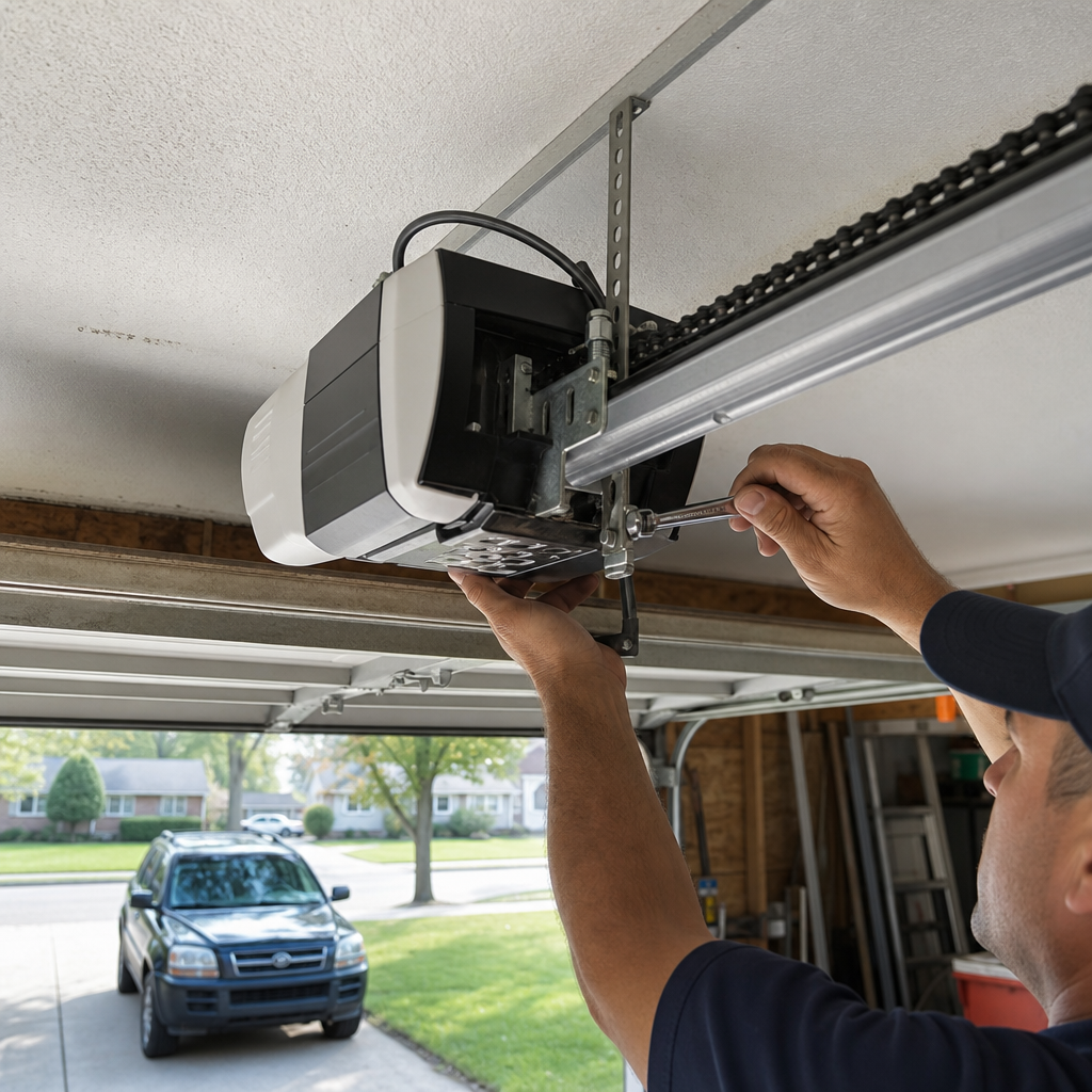 Technician performing professional garage door opener maintenance and repair