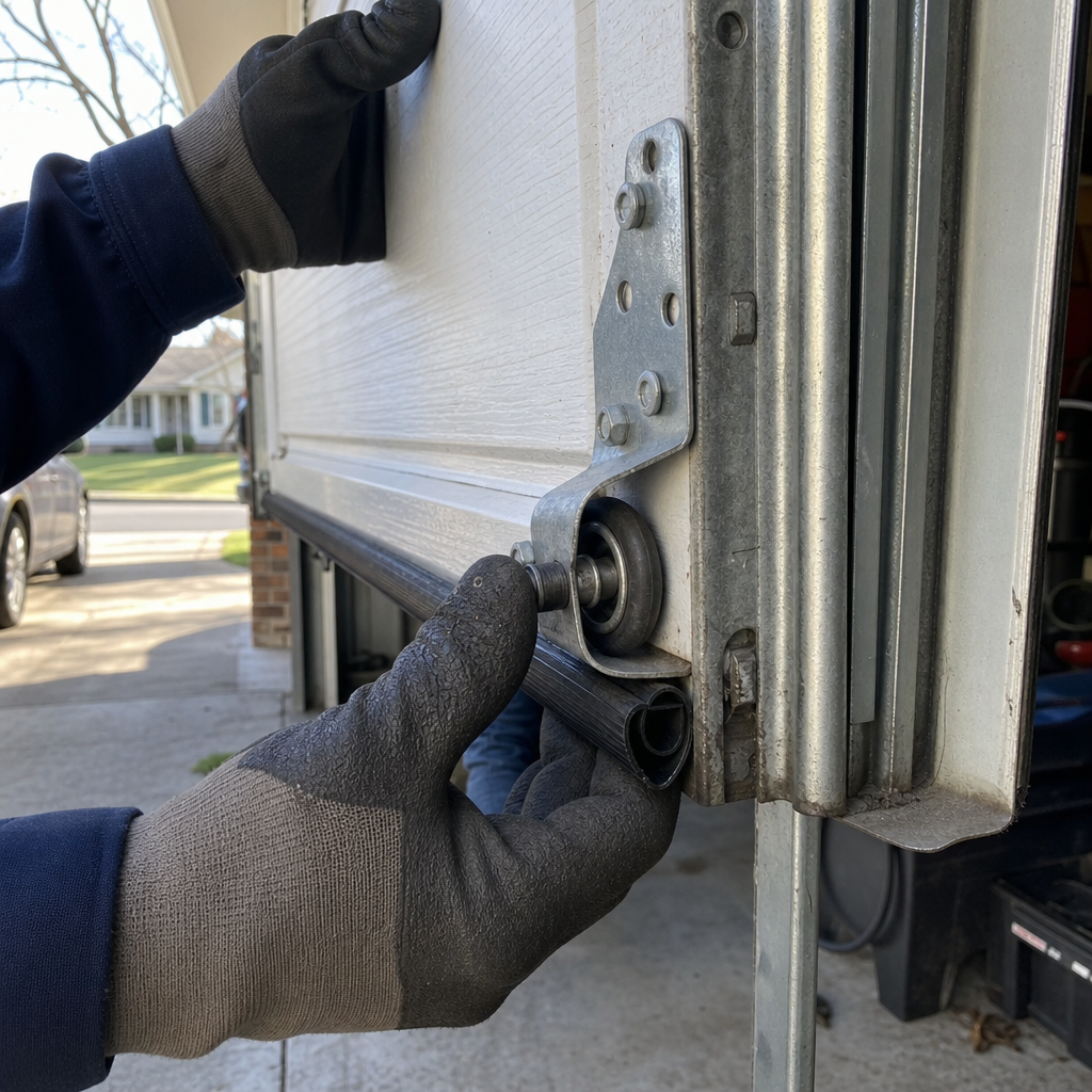 Technician performing professional garage door roller maintenance and repair in Niles, OH