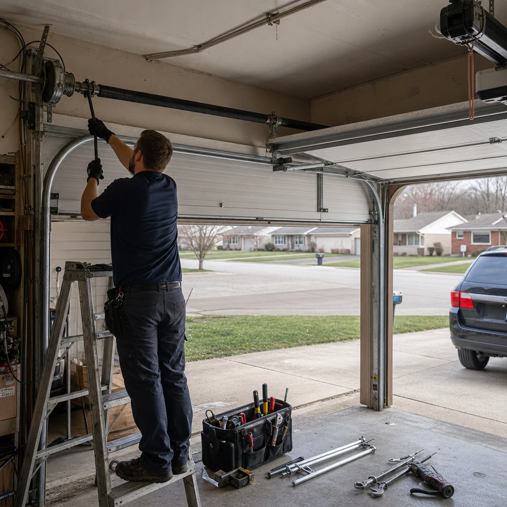 Professional technician repairing a garage door torsion spring system on a ladder.