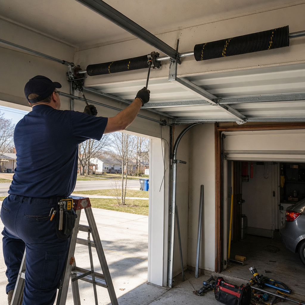 Technician performing professional garage door spring repair