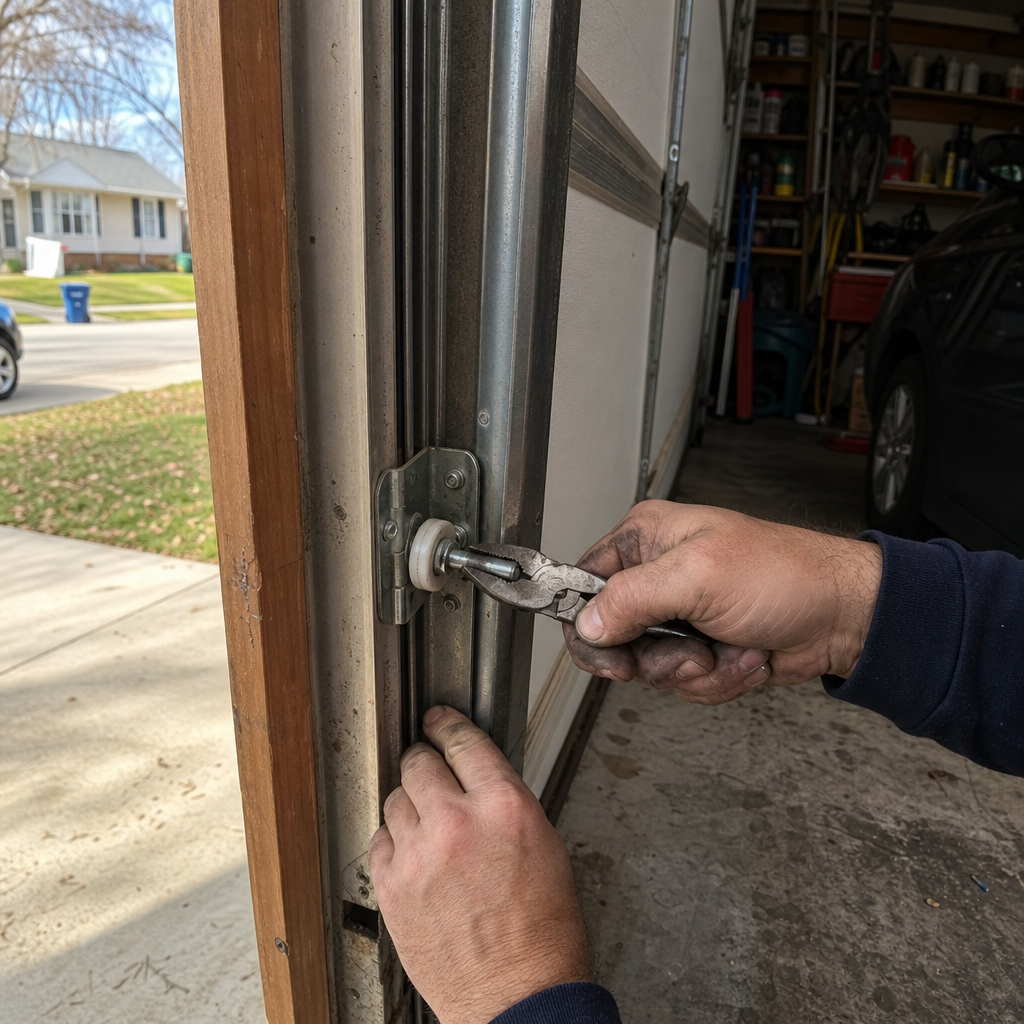 Technician performing professional garage door roller repair on a track