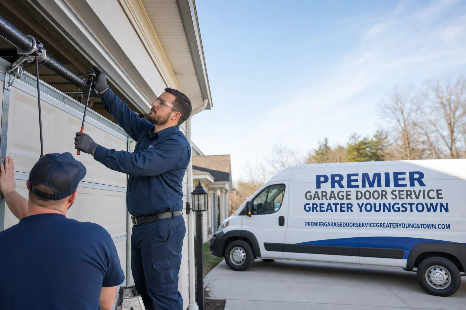Premier Garage Door Service Greater Youngstown service vehicle and crew in Youngstown, OH